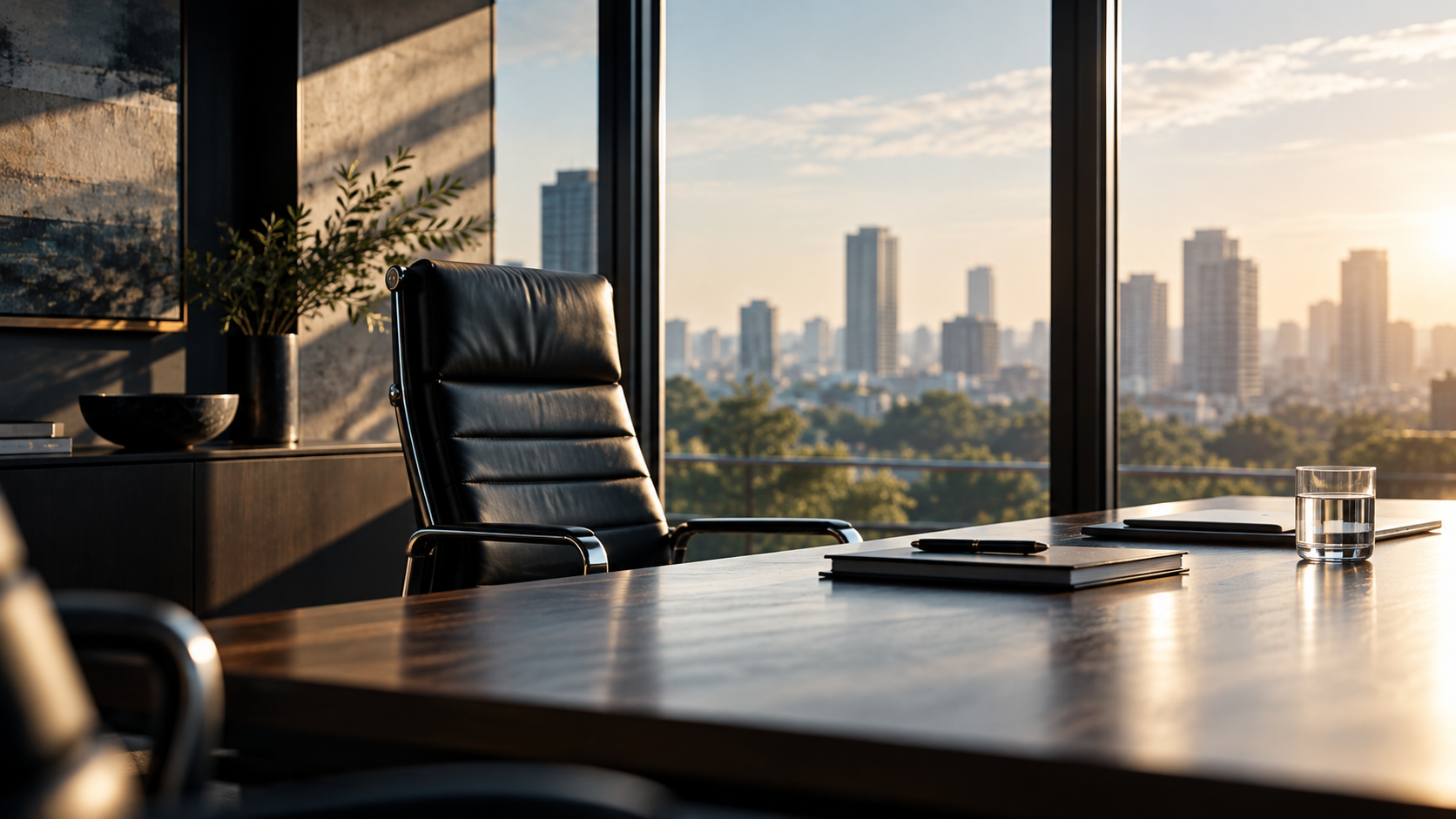 Cadeira executiva vazia diante de uma mesa de escritório, com vista para a cidade, simbolizando a reflexão sobre o futuro da liderança empresarial.