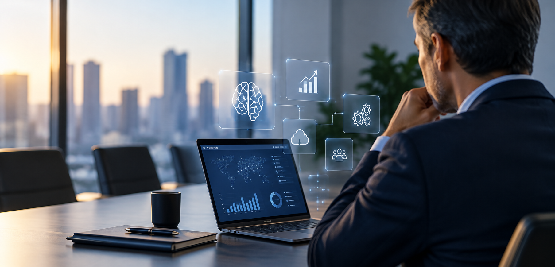 Executivo analisa indicadores de negócios e aplicações de inteligência artificial em um ambiente corporativo, representando as tendências de tecnologia 2027.