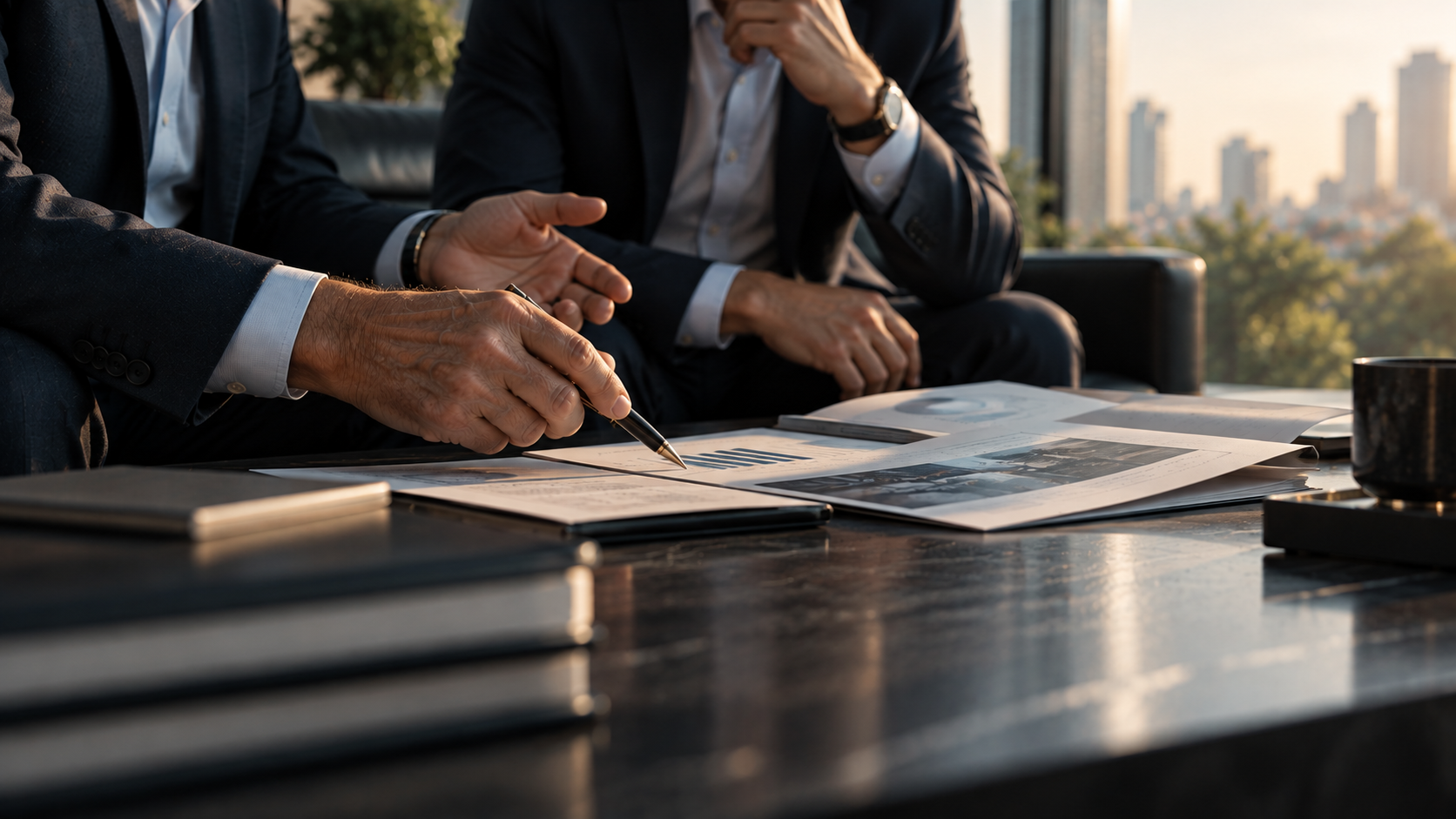 Dois executivos analisam relatórios estratégicos em uma conversa de mentoria, representando a transferência de conhecimento e experiência na sucessão empresarial.