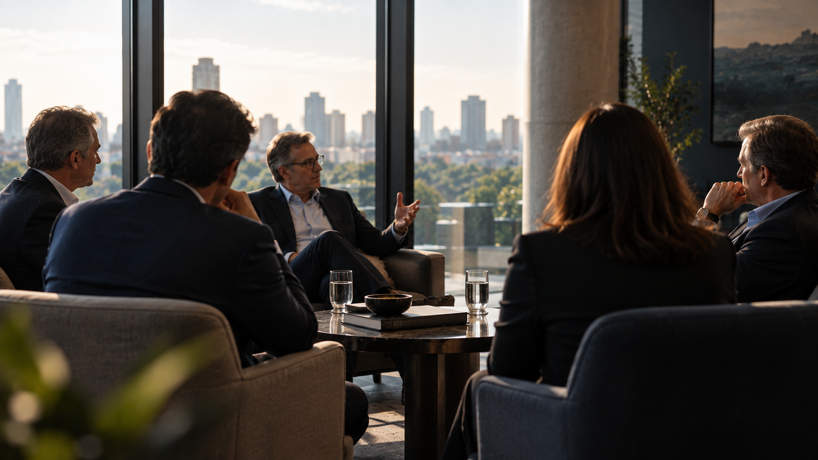 Grupo de cinco executivos reunidos em círculo, alguns vistos de costas, participando de uma conversa reservada sobre desafios de liderança e sucessão.