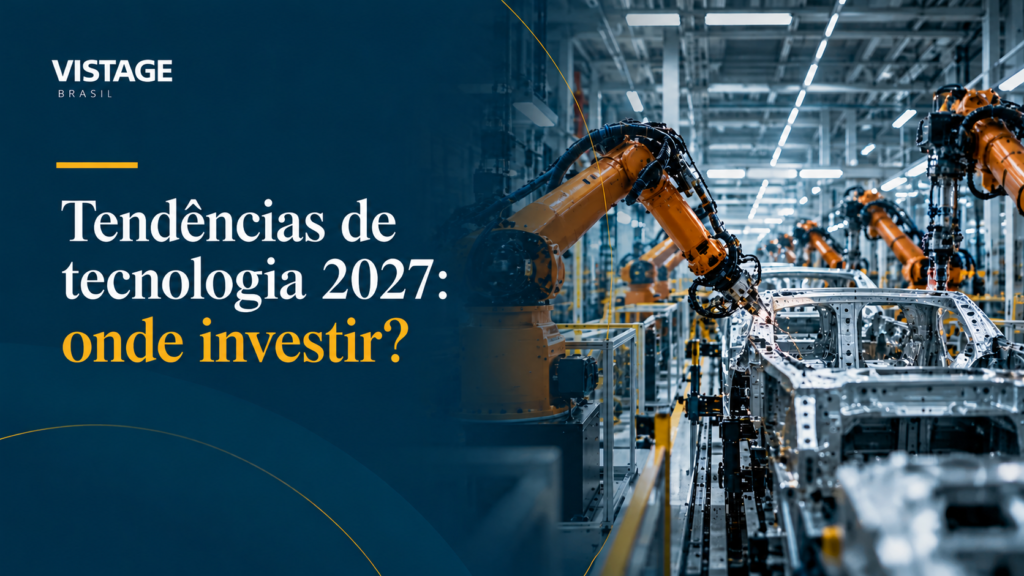 Linha de produção industrial automatizada com braços robóticos, ilustrando as tendências de tecnologia 2027 e as decisões de investimento em automação e inteligência artificial