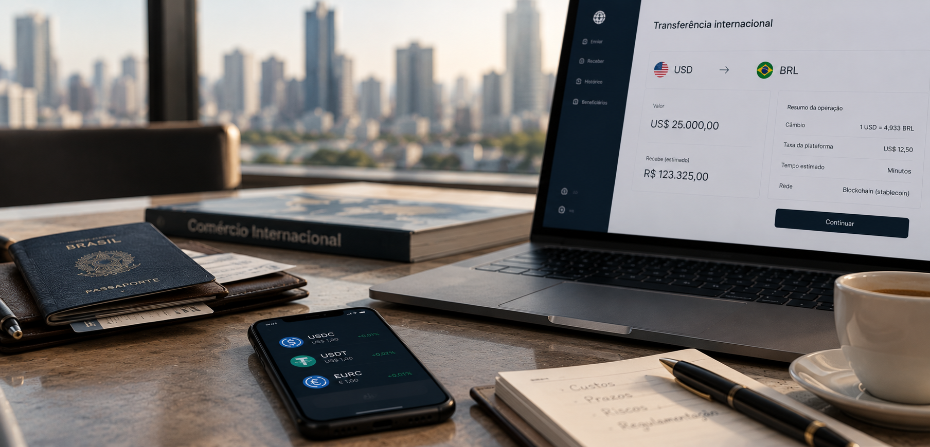 Notebook com plataforma de transferências internacionais e celular exibindo stablecoins, representando novas tecnologias de pagamentos digitais entre empresas. 